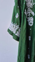 Smoky green premium silk Chikankari tunic by LVW Fashions, handmade Lucknow chikankari kurta with intricate embroidery.
