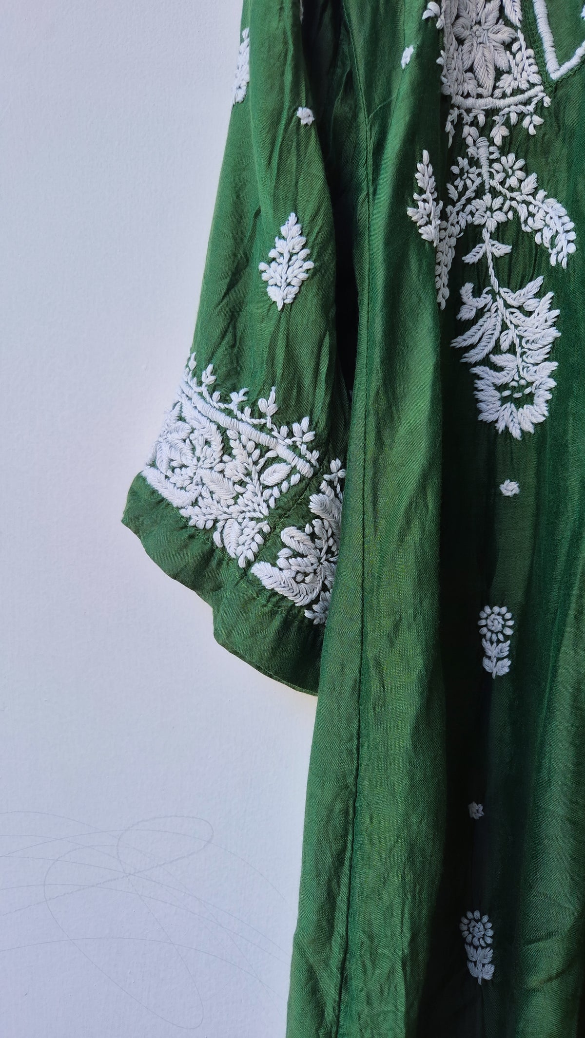 Smoky green premium silk Chikankari tunic by LVW Fashions, handmade Lucknow chikankari kurta with intricate embroidery.