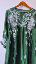 Smoky green premium silk Chikankari tunic by LVW Fashions, handmade Lucknow-style embroidered kurta with intricate Chikankari detailing.