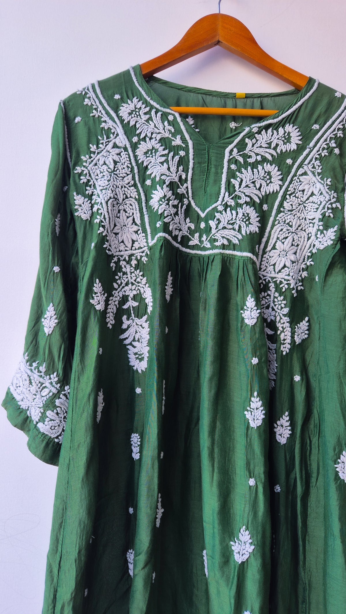 Smoky green premium silk Chikankari tunic by LVW Fashions, handmade Lucknow-style embroidered kurta with intricate Chikankari detailing.