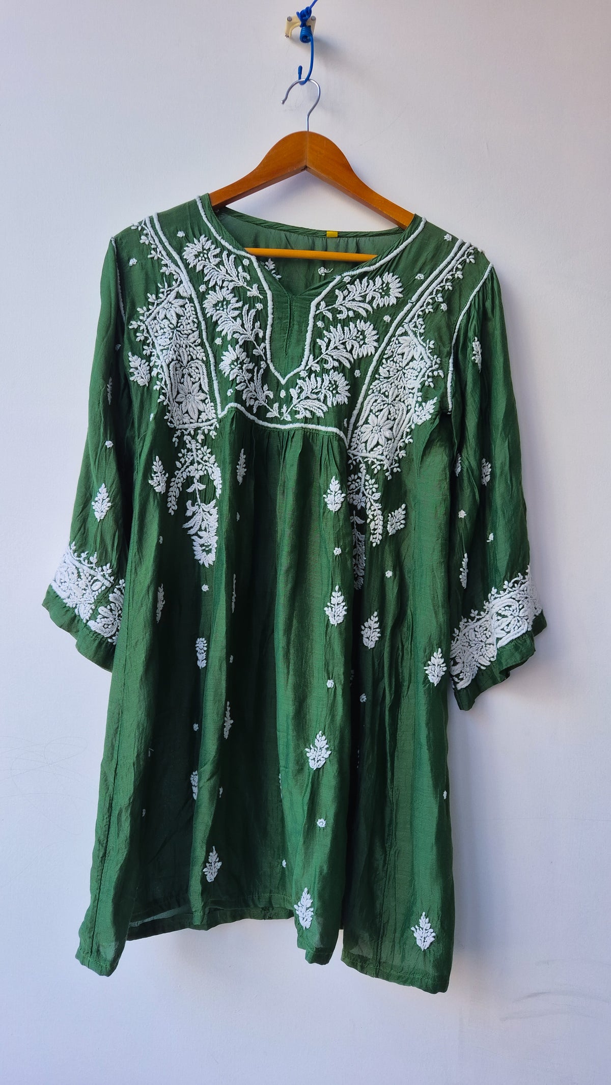Smoky green premium silk Chikankari tunic by LVW Fashions featuring intricate handmade Lucknow embroidery.