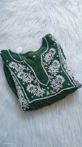 Smoky green premium silk Chikankari tunic by LVW Fashions, handmade Lucknow Chikankari kurta, front view.