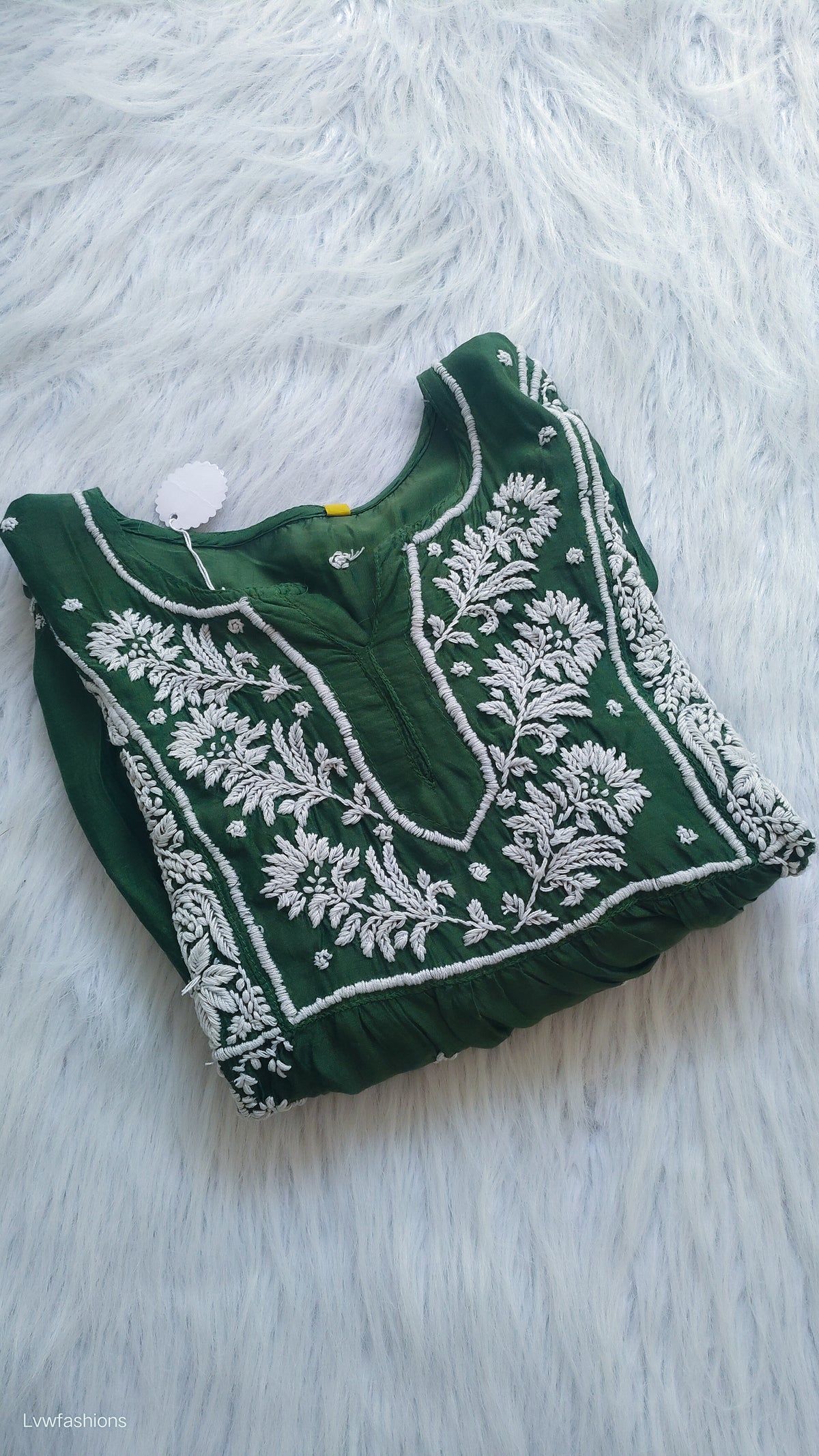Smoky green premium silk Chikankari tunic by LVW Fashions, handmade Lucknow Chikankari kurta, front view.