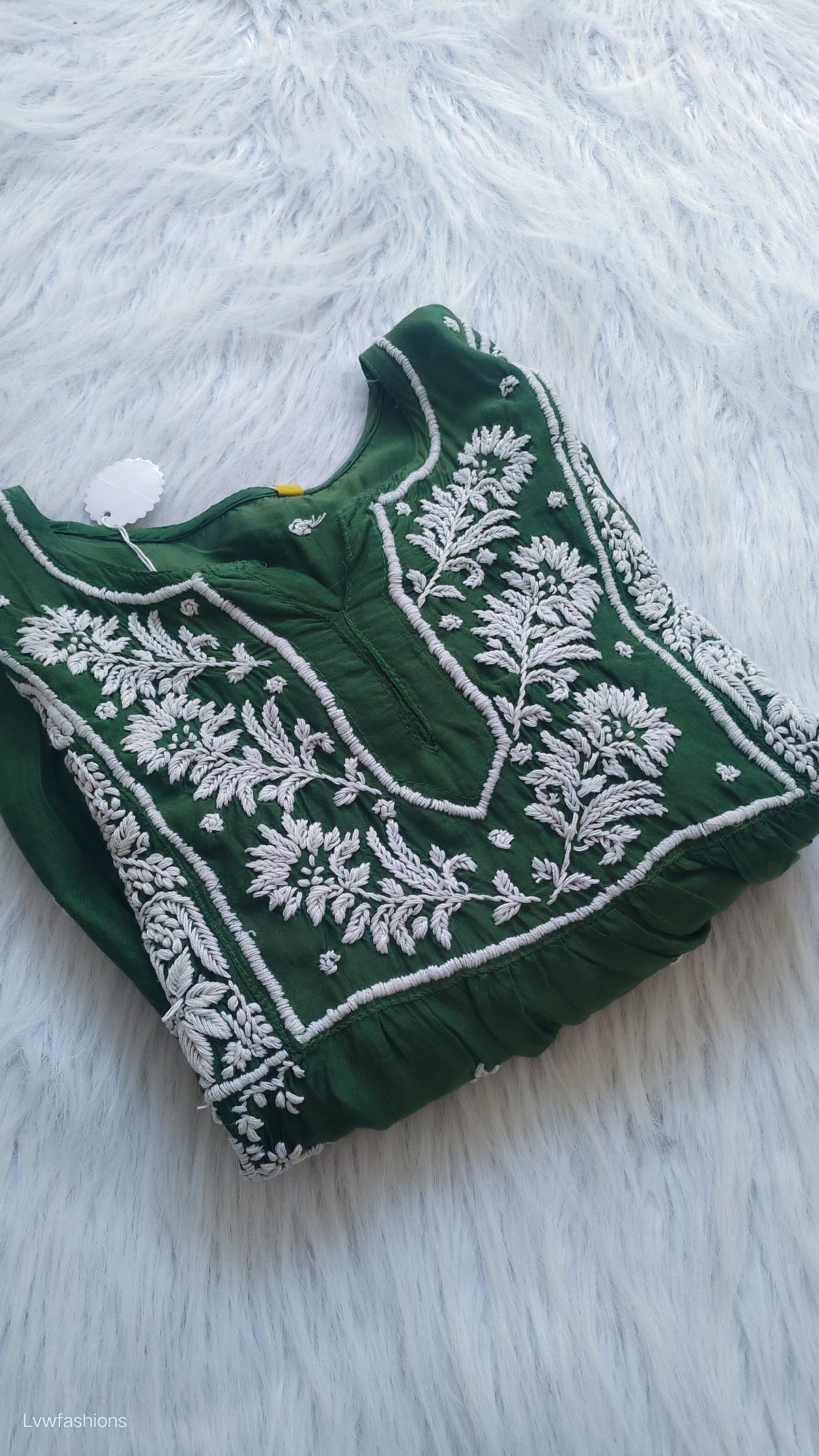 Smoky green silk chikankari tunic by LVW Fashions, handmade Lucknow kurta with intricate embroidery and elegant design.