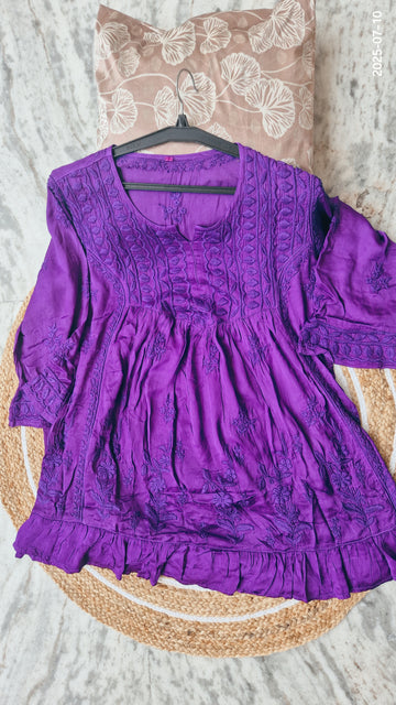 Stylish frill tunic by LVW Fashions featuring handmade Lucknow Chikankari in premium cotton silk fabric.