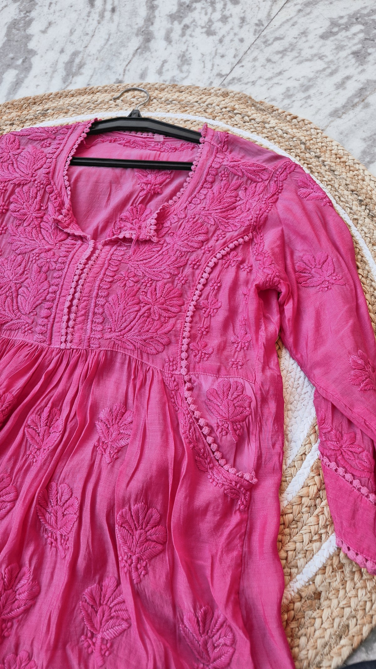 Stylish cotton chikankari tunic with side pockets, handmade by LVW Fashions, featuring intricate Lucknow chikankari embroidery.