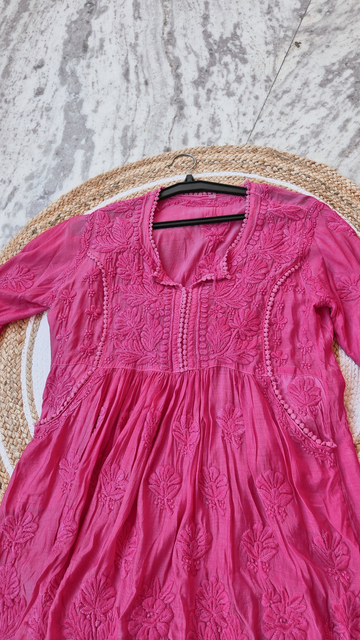 Stylish premium cotton Chikankari tunic with side pockets, handmade by LVW Fashions, featuring intricate Lucknow Chikankari embroidery.