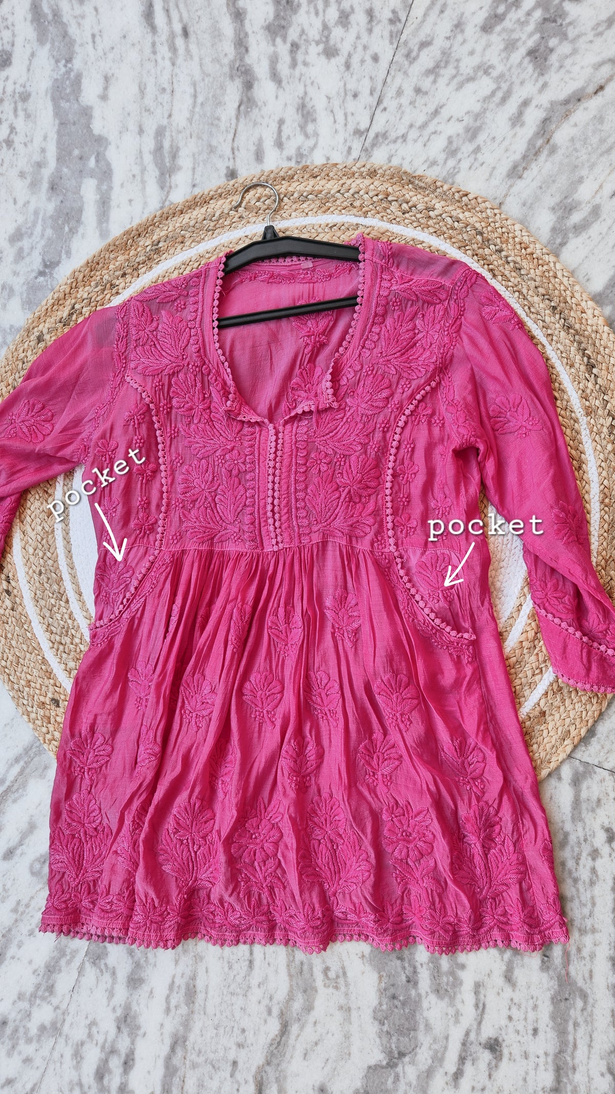 Stylish cotton chikankari tunic with side pockets by LVW Fashions, handmade Lucknow chikankari kurta in a modern design.