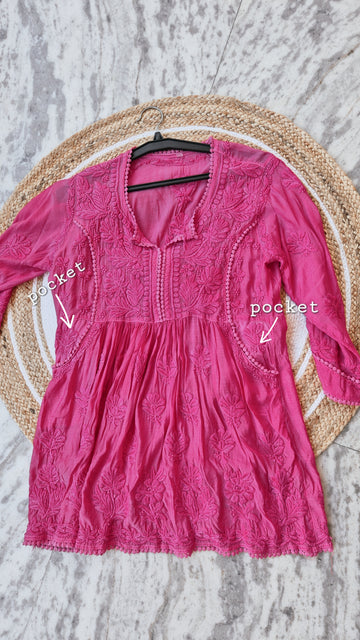 Stylish cotton chikankari tunic with side pockets by LVW Fashions, handmade Lucknow chikankari kurta in a modern design.