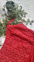 Cherry red Tulip tunic in premium georgette with handmade Lucknow chikankari embroidery, luxurious look from LVW Fashions.