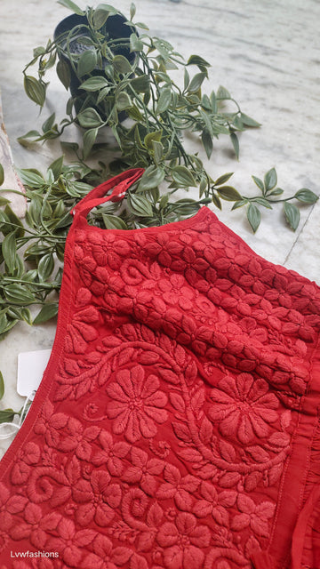Cherry red Tulip tunic in premium georgette with handmade Lucknow chikankari embroidery, luxurious look from LVW Fashions.