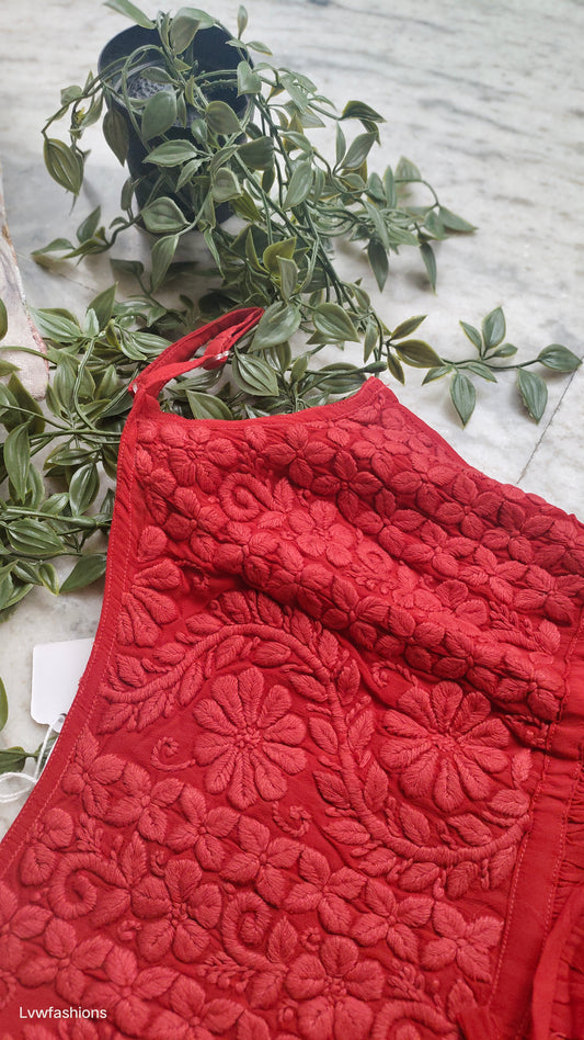 Cherry red Tulip tunic in premium georgette with handmade Lucknow chikankari embroidery, luxurious look from LVW Fashions.