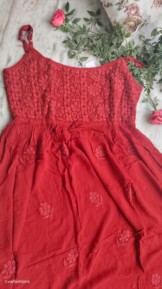 Cherry red Tulip premium georgette tunic with handmade Lucknow Chikankari embroidery by LVW Fashions, luxurious look and elegant design.