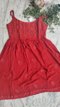Cherry red Tulip tunic by LVW Fashions, handcrafted luxe georgette with intricate Lucknow chikankari embroidery.