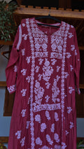 Wine chocolate handmade silk chikankari tunic by LVW Fashions, featuring intricate Lucknow chikankari embroidery on pure silk fabric.