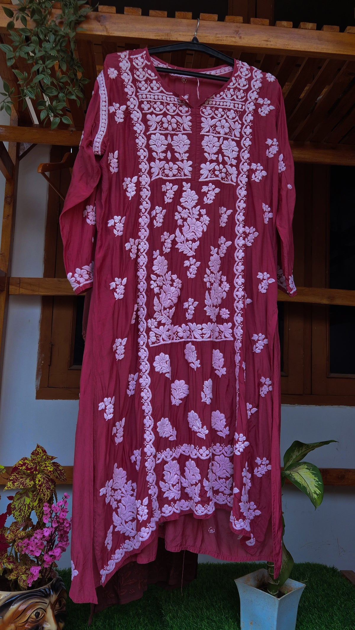 Wine chocolate handmade silk Chikankari tunic by LVW Fashions, featuring intricate Lucknow Chikankari embroidery.