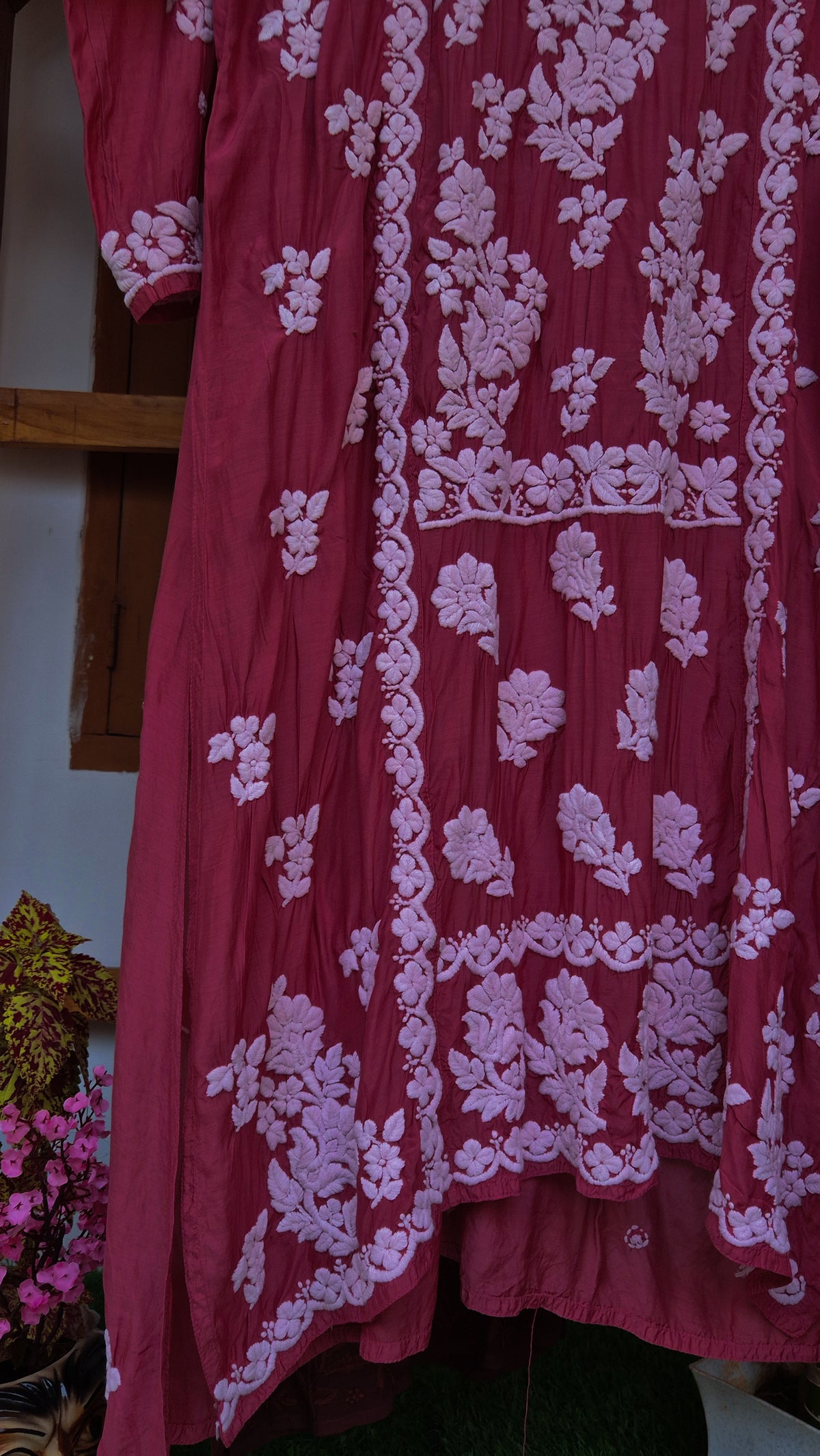 Wine chocolate silk chikankari tunic by LVW Fashions, handcrafted pure silk with intricate Lucknow chikankari embroidery.