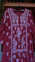 Wine chocolate handmade silk Chikankari tunic by LVW Fashions featuring intricate Lucknow Chikankari embroidery.