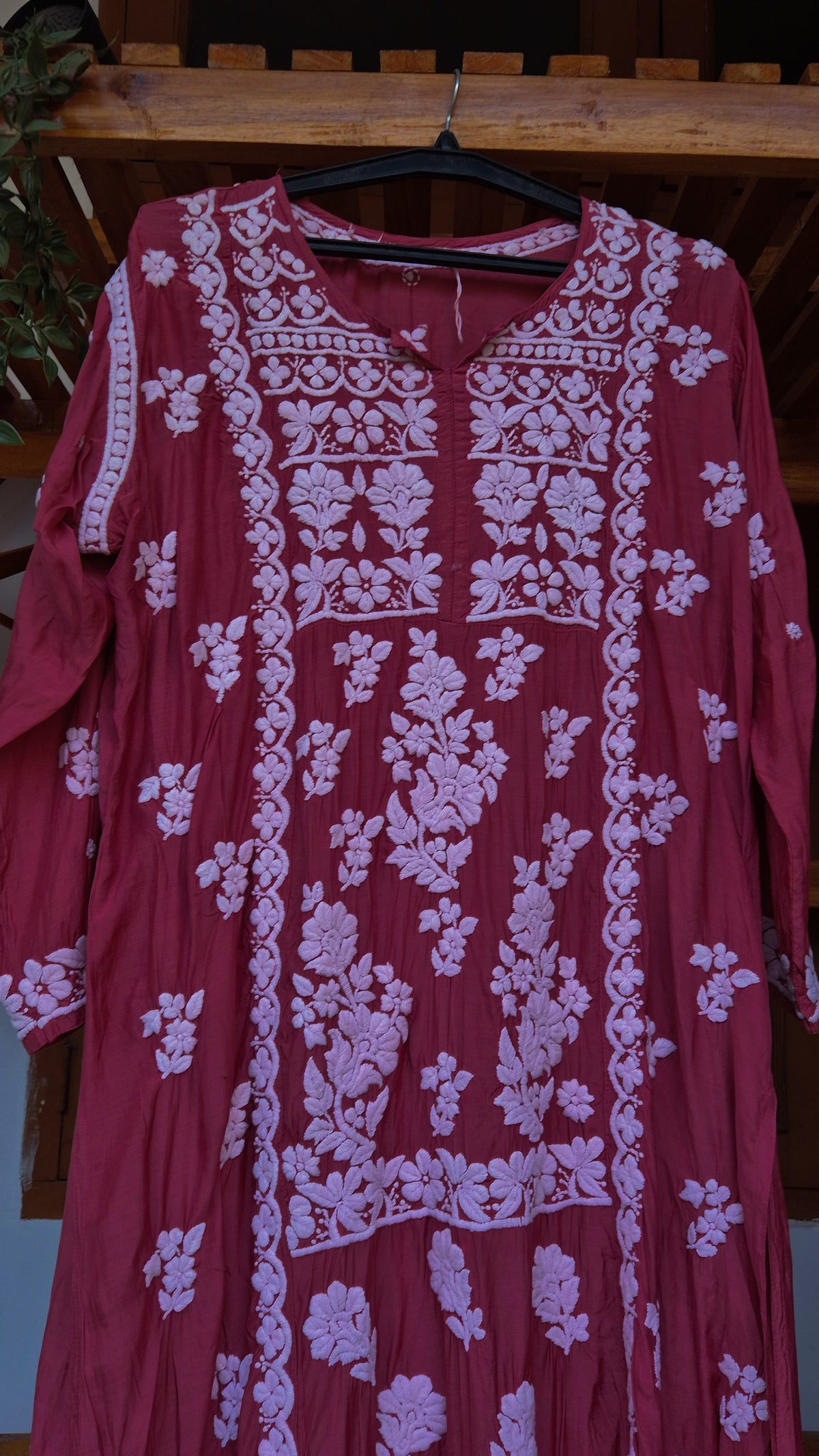 Wine chocolate handmade silk Chikankari tunic by LVW Fashions featuring intricate Lucknow Chikankari embroidery.
