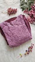 Premium silk Afgani tunic with wine grape Chikankari embroidery by LVW Fashions, handcrafted in traditional Lucknow style.