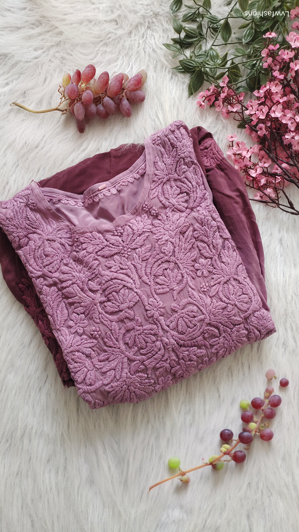 Premium silk Afgani tunic with wine grape Chikankari embroidery by LVW Fashions, handcrafted in traditional Lucknow style.