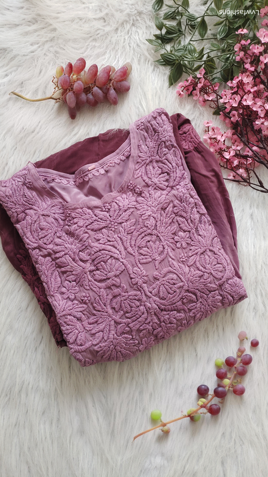 Premium silk Afgani tunic with wine grape Chikankari embroidery by LVW Fashions, handcrafted in traditional Lucknow style.