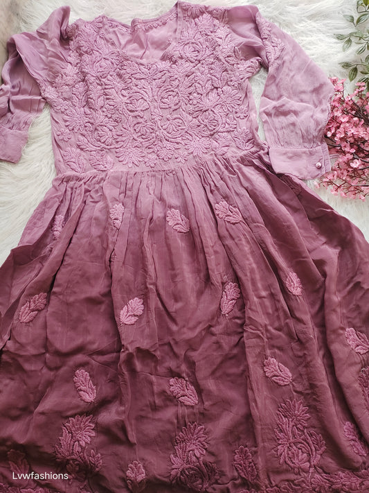 Premium silk Afgani tunic with wine grape embroidery, handcrafted Lucknow Chikankari by LVW Fashions, featuring intricate embroidery details.