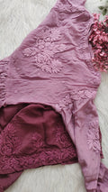 Handmade wine grape silk Afgani tunic with intricate Lucknow Chikankari embroidery by LVW Fashions.