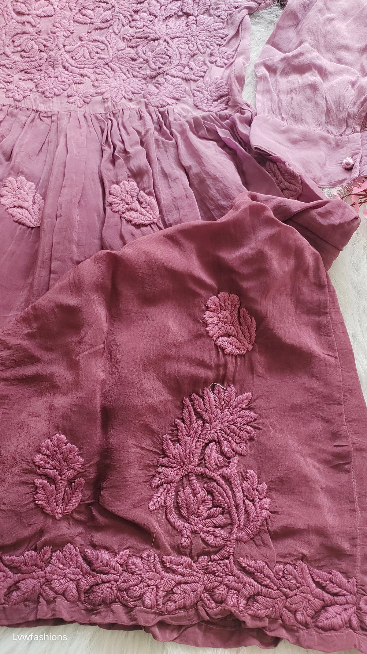Premium silk Afgani tunic with wine grape embroidery, handmade Lucknow Chikankari by LVW Fashions, featuring intricate craftsmanship.