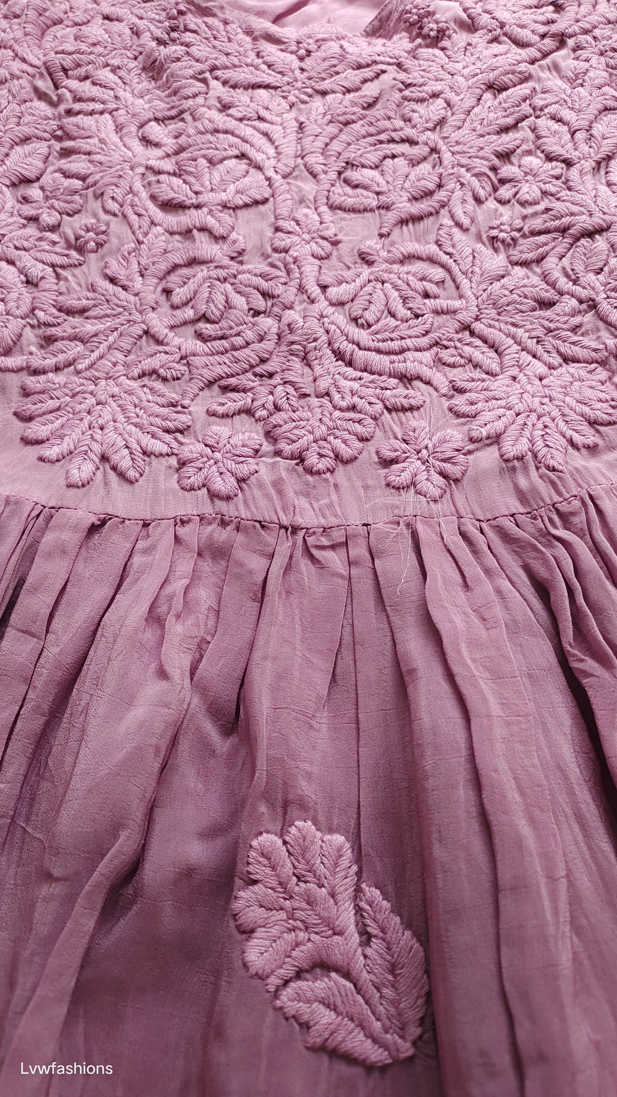Premium silk Afgani tunic with intricate Lucknow-style Chikankari embroidery featuring wine grape motifs, handmade by LVW Fashions.