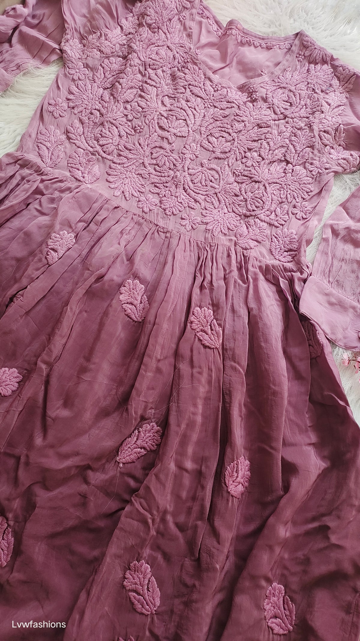 Premium silk Afgani tunic with wine grape Chikankari embroidery by LVW Fashions, featuring handmade Lucknow Chikankari design.
