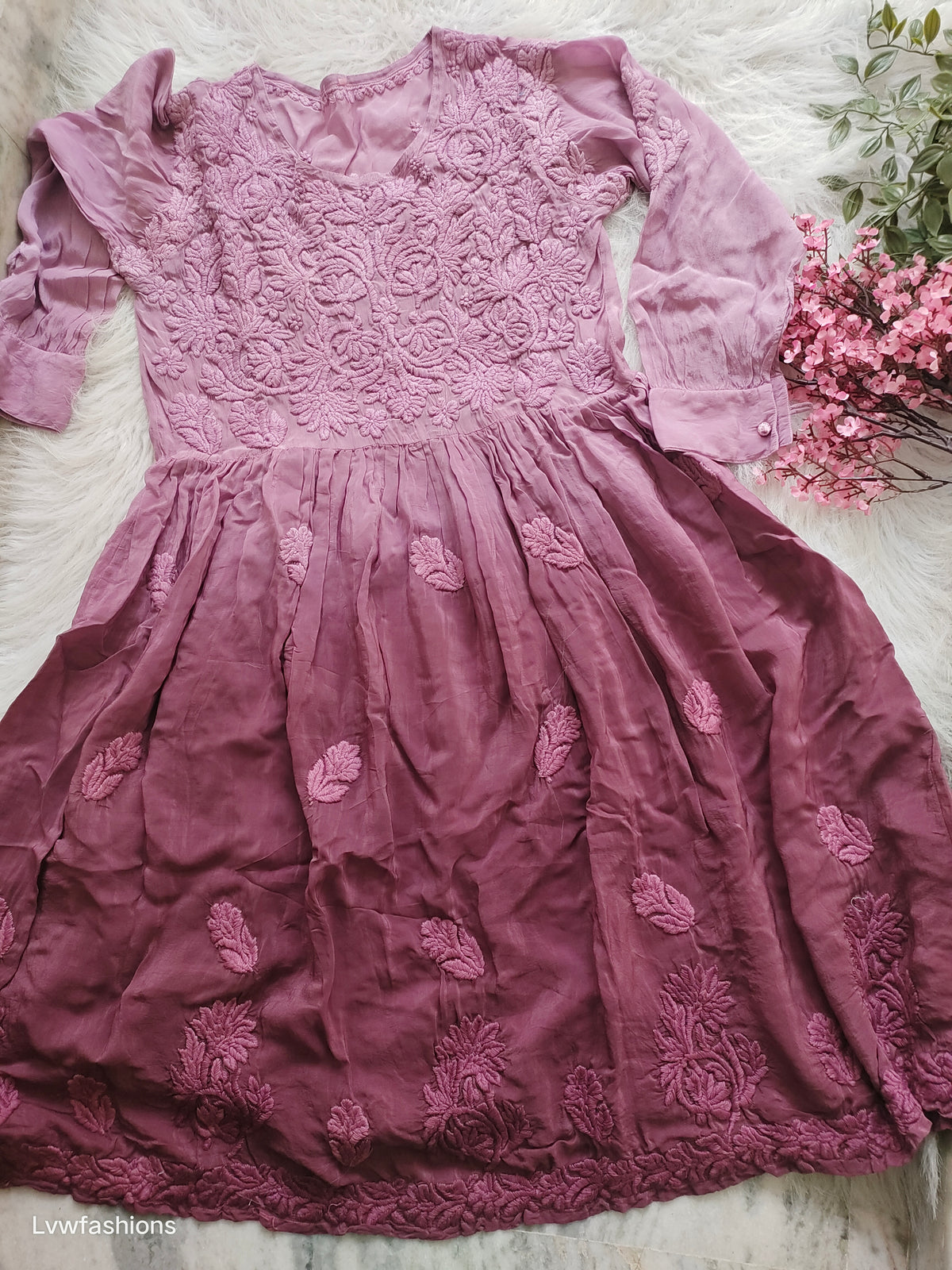 Premium silk Afgani tunic with intricate Lucknow Chikankari embroidery and wine grape design by LVW Fashions.
