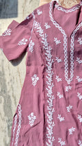 Naina Soft Cotton Stylish Keen Kangan Chikankari Embroidery Long Kurti in peach, handmade Lucknow Chikankari by LVW Fashions.