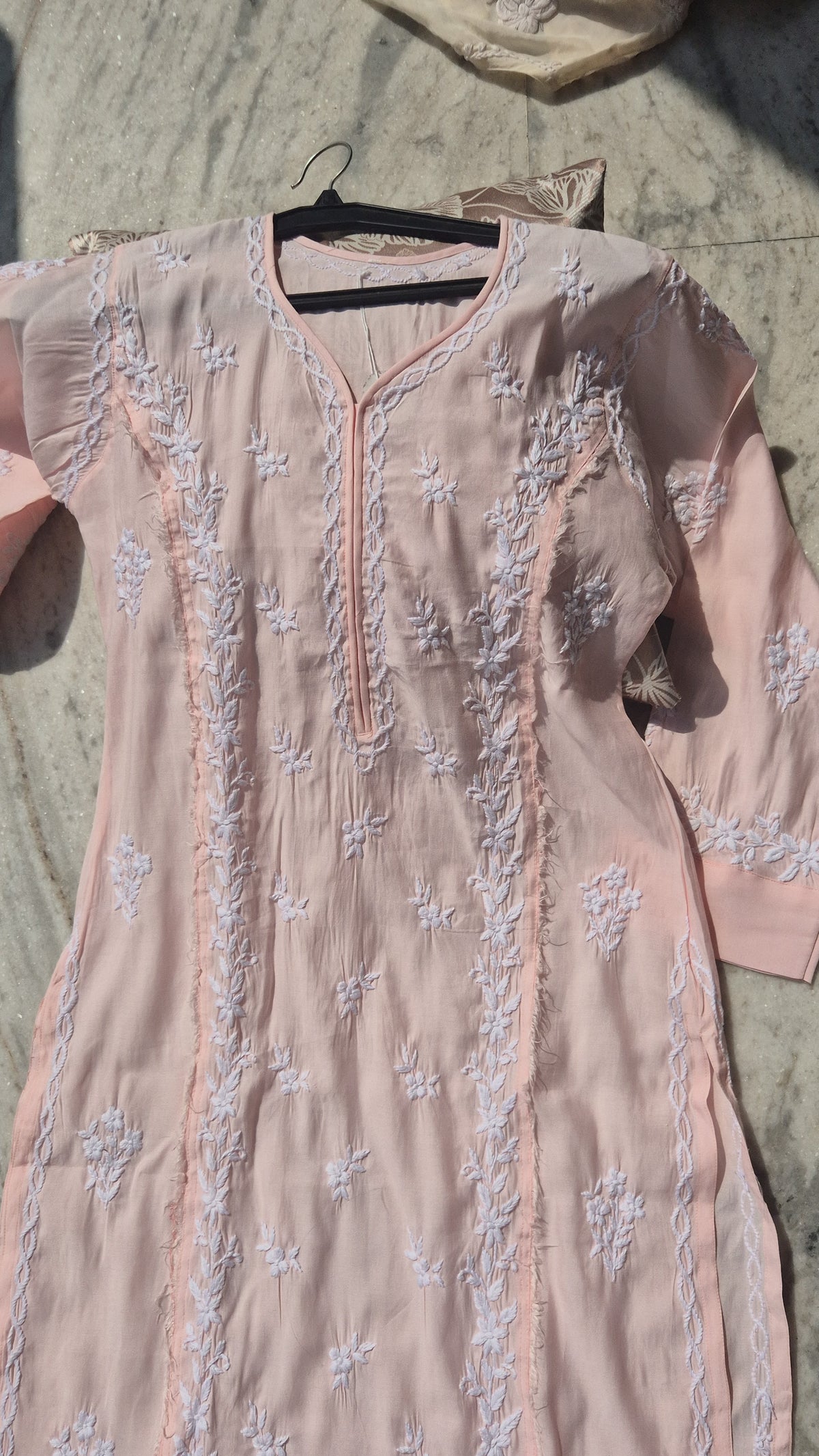 Peach Naina Soft Cotton Long Kurti with intricate Chikankari embroidery and stylish Keen Kangan design by LVW Fashions