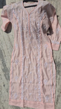 Naina Soft Cotton Long Kurti with Peach Chikankari embroidery and Keen Kangan design, handmade by LVW Fashions in Lucknow.