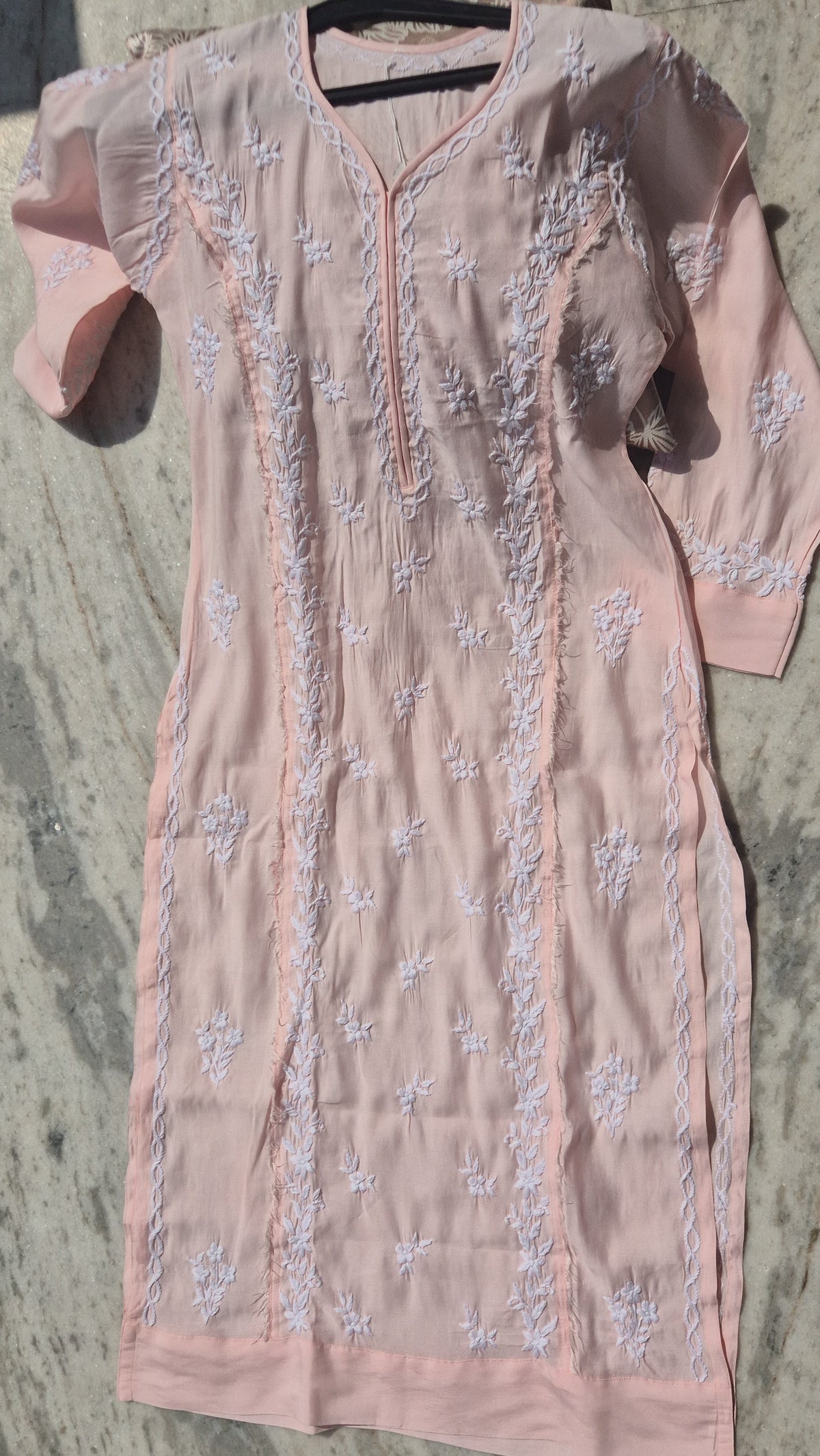 Naina Soft Cotton Long Kurti with Peach Chikankari embroidery and Keen Kangan design, handmade by LVW Fashions in Lucknow.