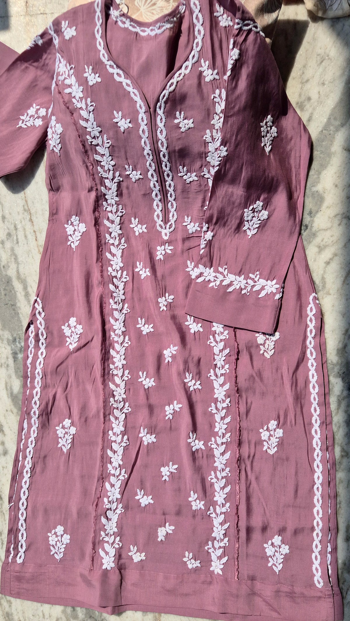 Peach Naina soft cotton long kurti with stylish Keen Kangan Chikankari embroidery by LVW Fashions, handmade Lucknow Chikankari.