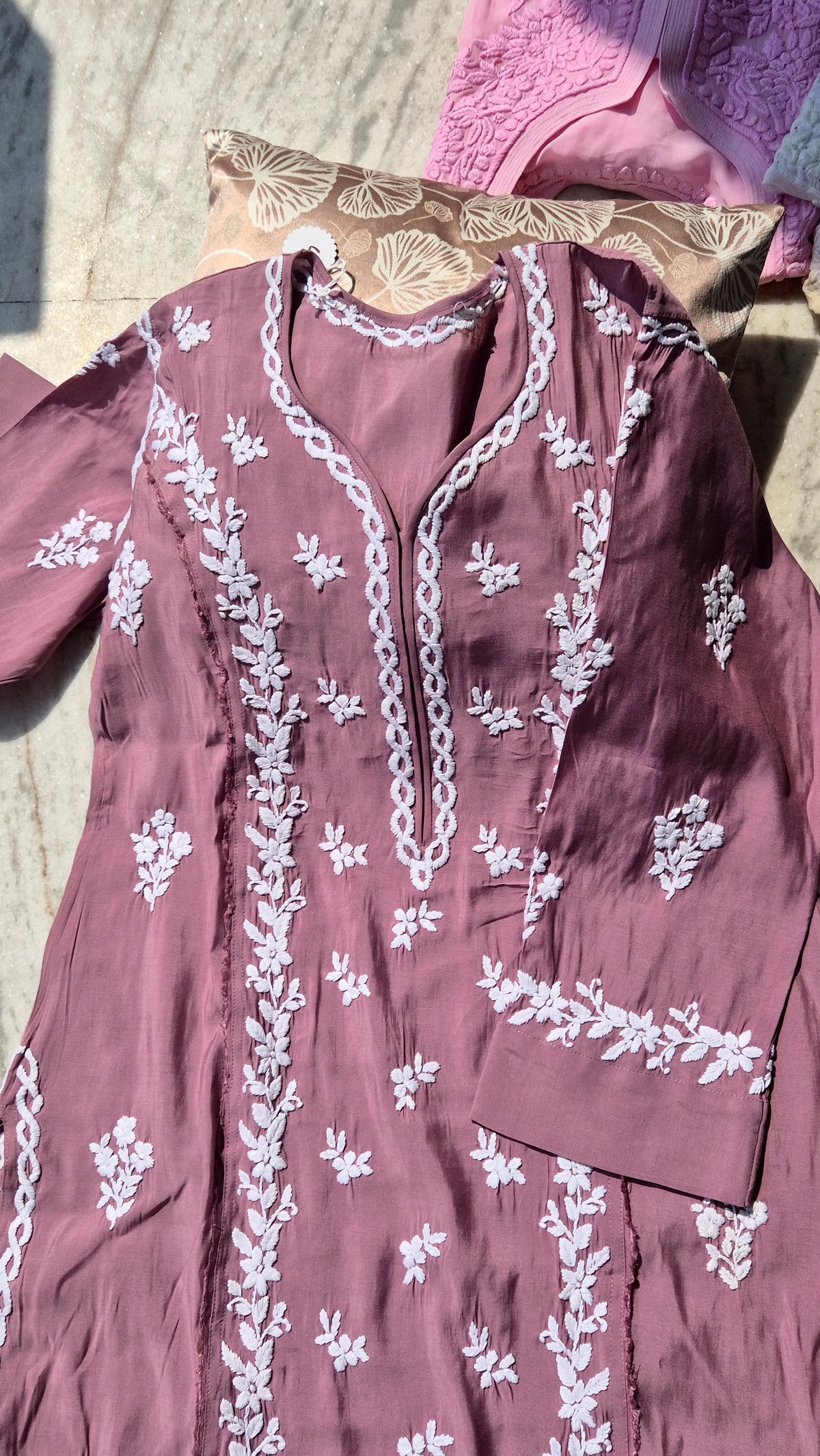 Naina soft cotton long kurti with intricate peach chikankari embroidery and stylish keen kangan design by LVW Fashions.