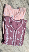Naina soft cotton long kurti with intricate peach chikankari embroidery, stylish keen kangan design by LVW Fashions.