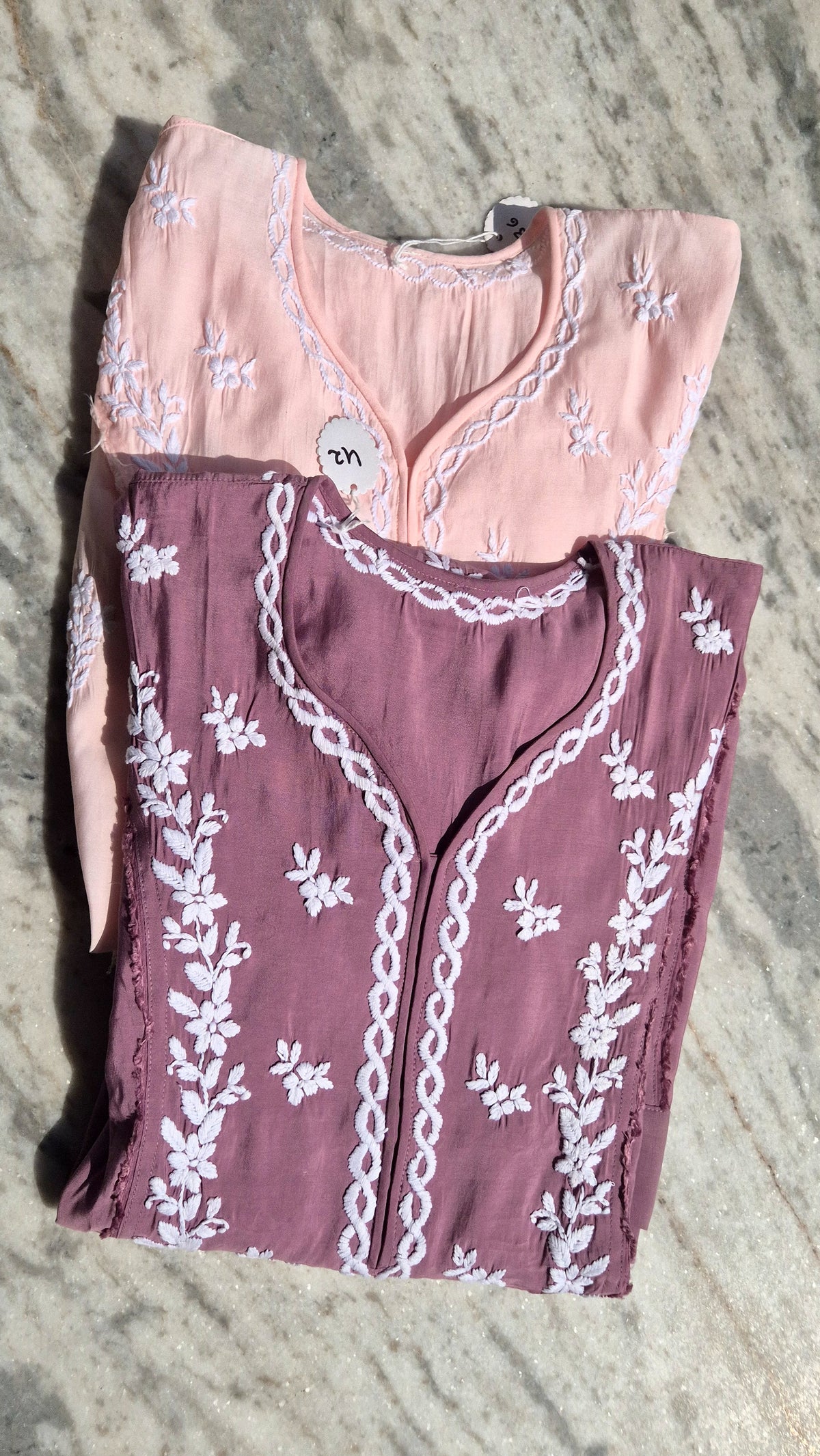 Naina soft cotton long kurti with intricate peach chikankari embroidery, stylish keen kangan design by LVW Fashions.