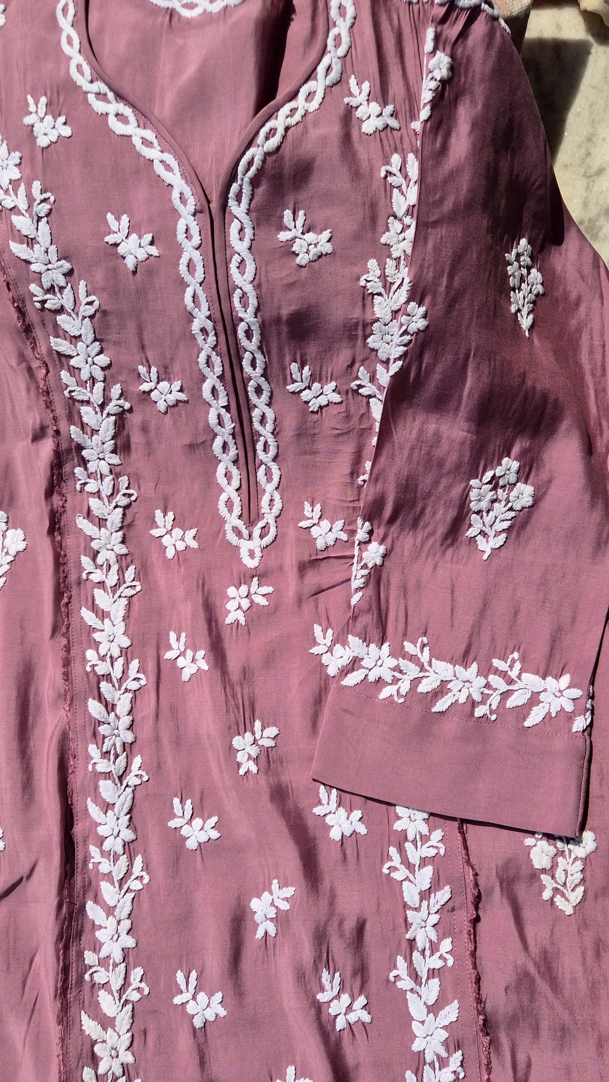 Soft peach Naina cotton long kurti with intricate Chikankari embroidery and stylish Keen Kangan design by LVW Fashions.