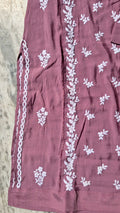 Peach Naina soft cotton long kurti with intricate green chikankari embroidery and stylish keen kangan design, handmade in Lucknow.