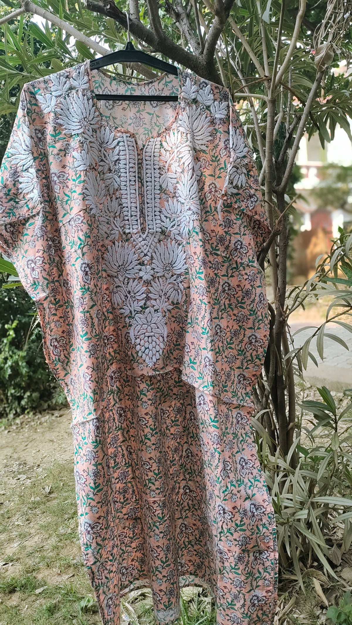 Pink Falak QAFTAAN by LVW Fashions, handmade Lucknow Chikankari kurta in soft printed cotton with intricate embroidery.