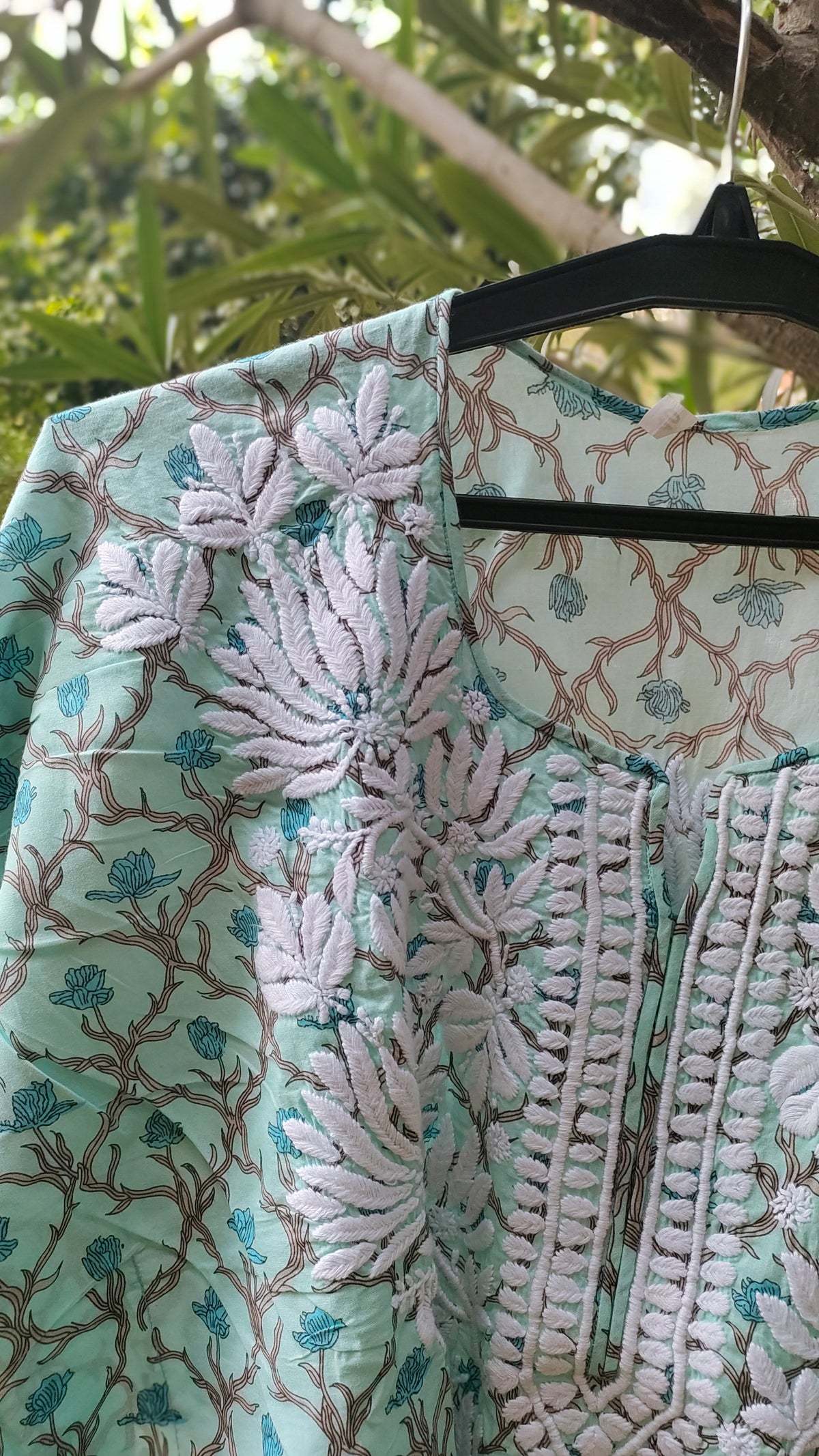 Pink Falak QAFTAAN premium soft mul printed cotton kurta with intricate handmade Lucknow Chikankari by LVW Fashions.