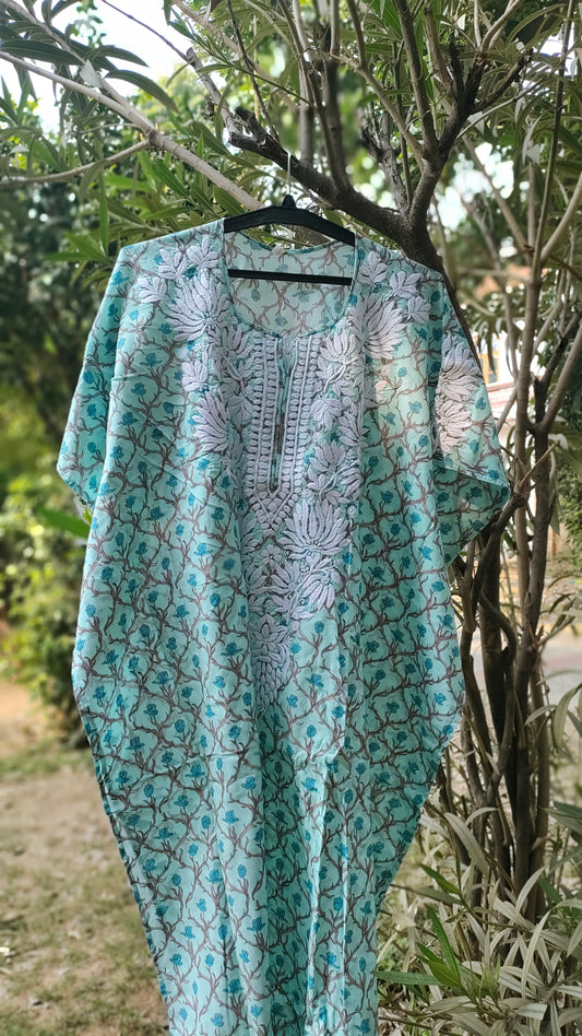 Pink Falak QAFTAAN by LVW Fashions, soft printed cotton handmade Chikankari kurta from Lucknow with intricate embroidery.