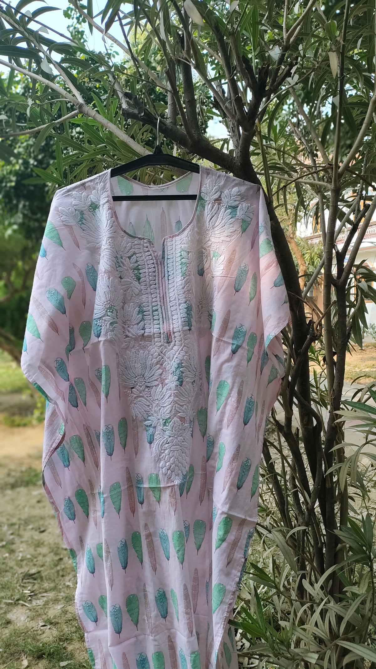 Pink Falak QAFTAAN by LVW Fashions, handmade Lucknow chikankari cotton kurta with soft mul printed fabric.