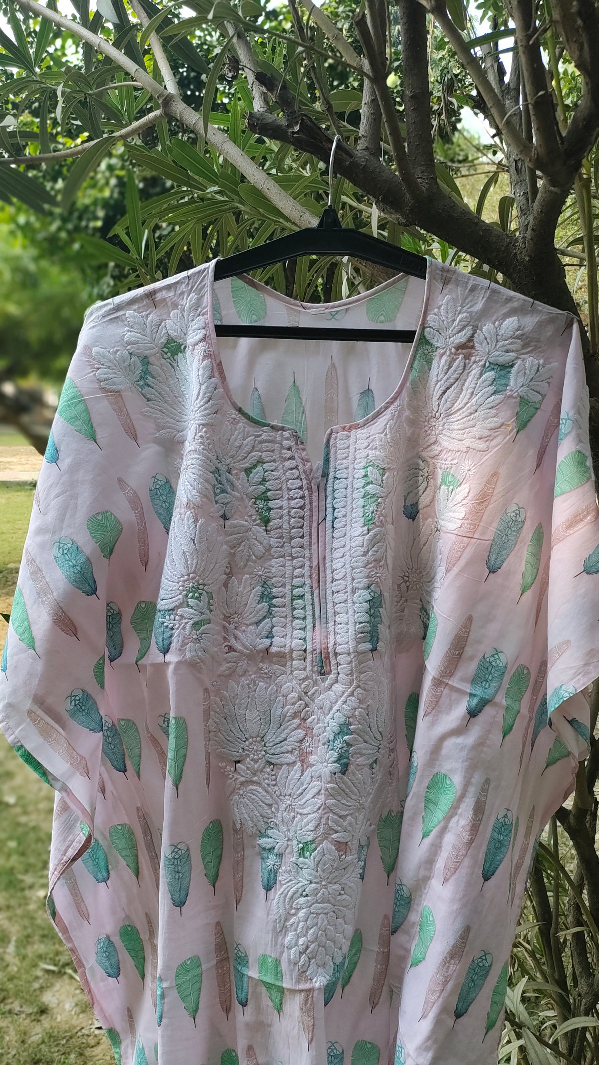 Pink Falak QAFTAAN by LVW Fashions, handmade Lucknow Chikankari kurta in soft printed cotton with intricate embroidery.