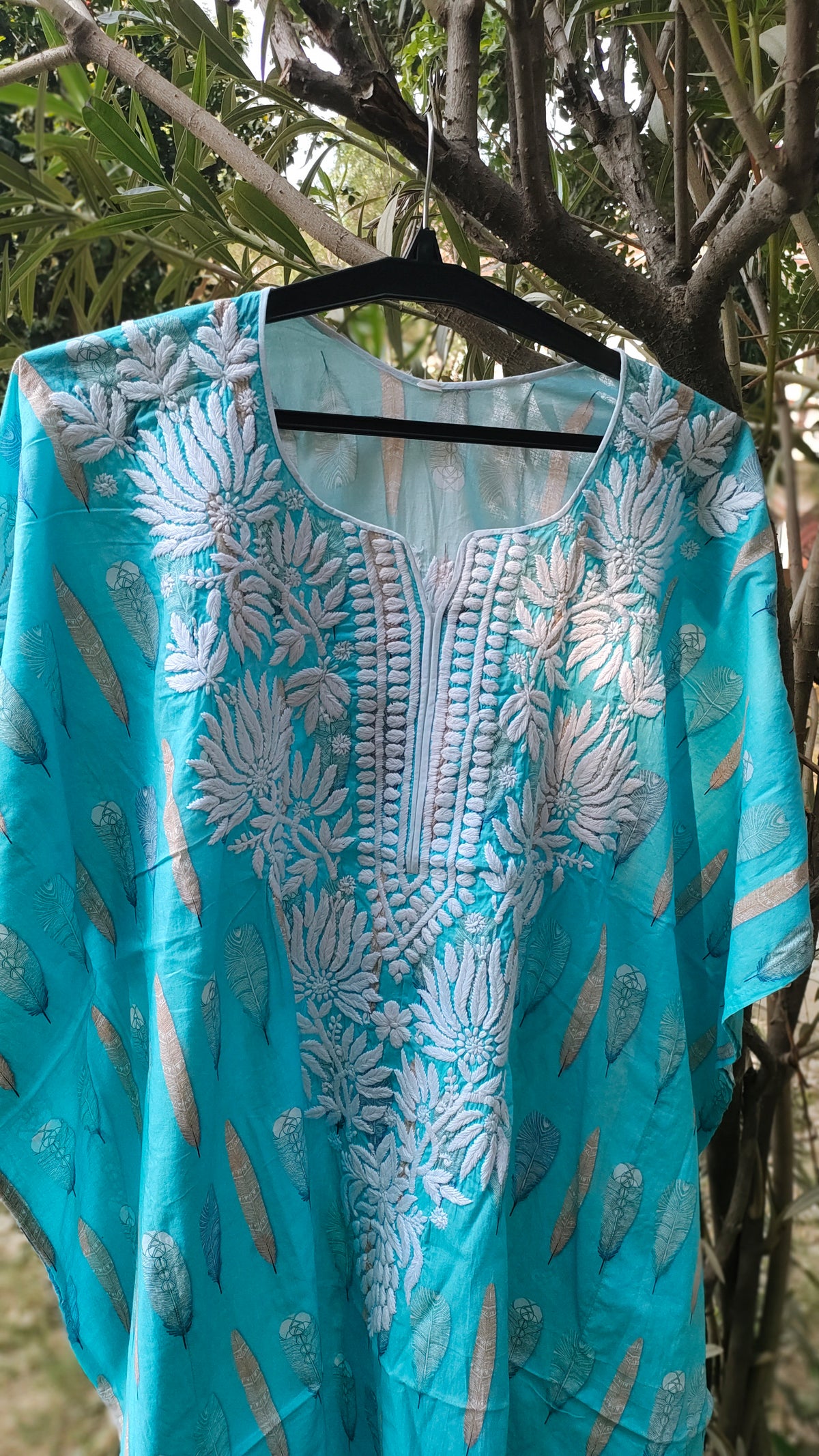 Pink Falak QAFTAAN by LVW Fashions, handcrafted Lucknow Chikankari cotton kurta with soft mul printed fabric, XXS size.