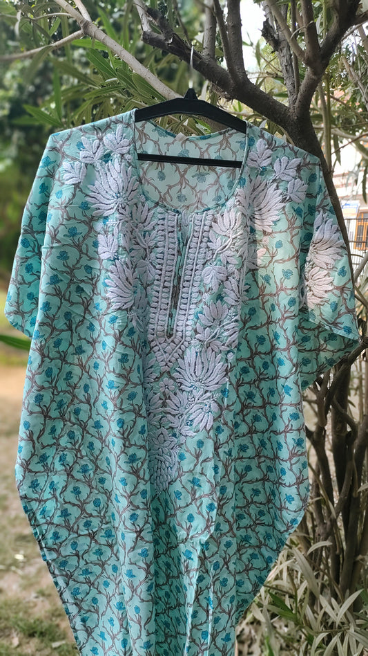 Pink Falak QAFTAAN by LVW Fashions, handmade Lucknow Chikankari kurta in soft mul cotton with printed design.