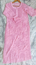 Ruhani Soul shades premium white georgette pant set with handmade pink chikankari kurta from LVW Fashions, Lucknow Chikankari.
